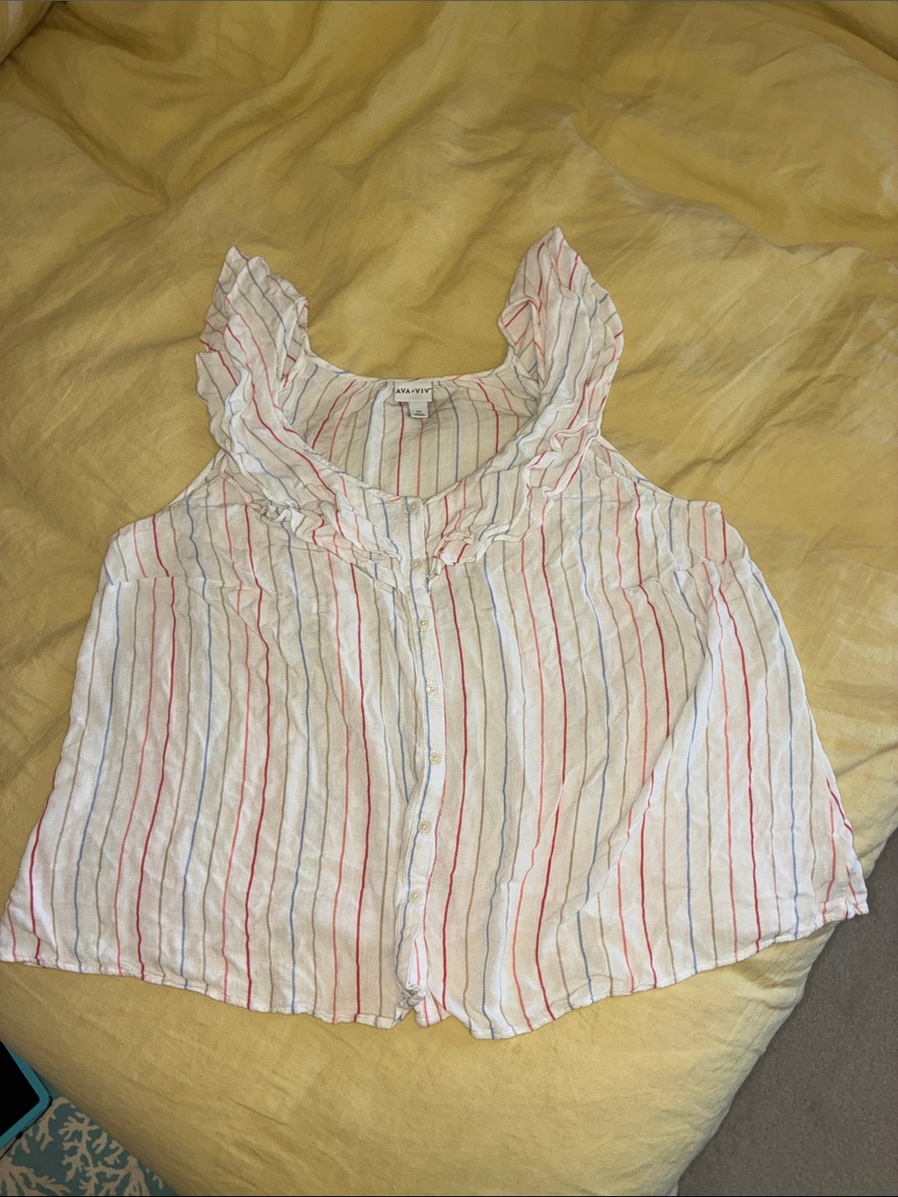 White flowy tank with Red, Blue & Tan Stripes
